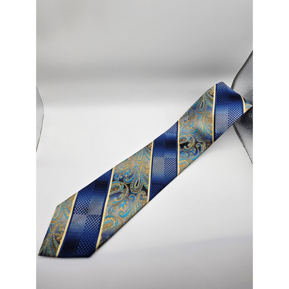 Stacy Adams Mens Blue Paisley Geometric Striped Microfiber Necktie Hand Made